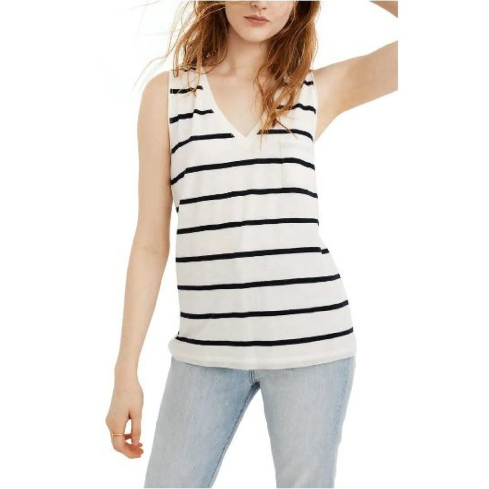 Madewell Whisper Cotton V-Neck Pocket Tank in Creston Stripe - Picture 2 of 5